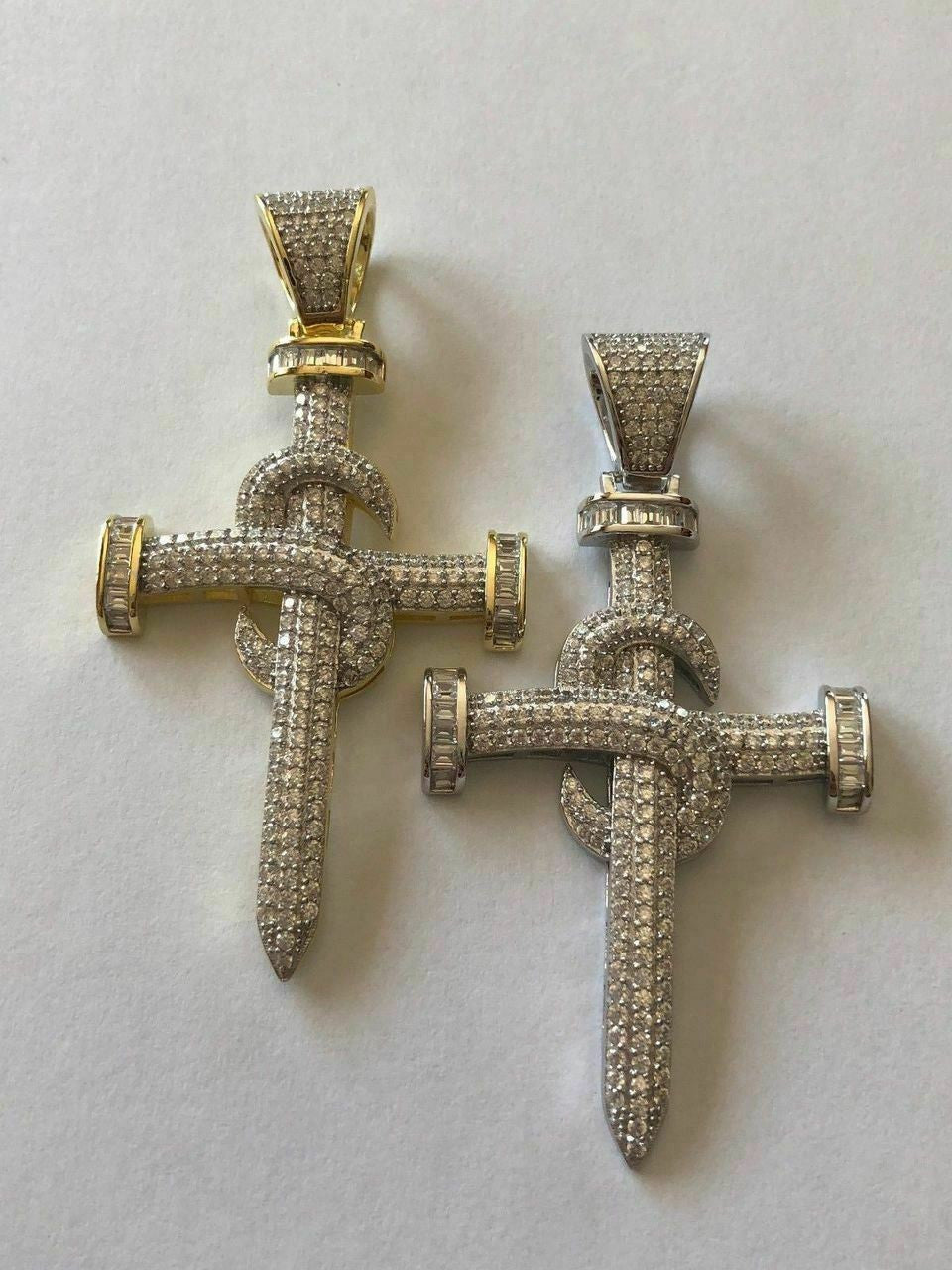 HarlemBling Mens Solid 925 Silver Real Iced 3ct Diamond Nail Cross LARGE 2 Pendant 14k Gold