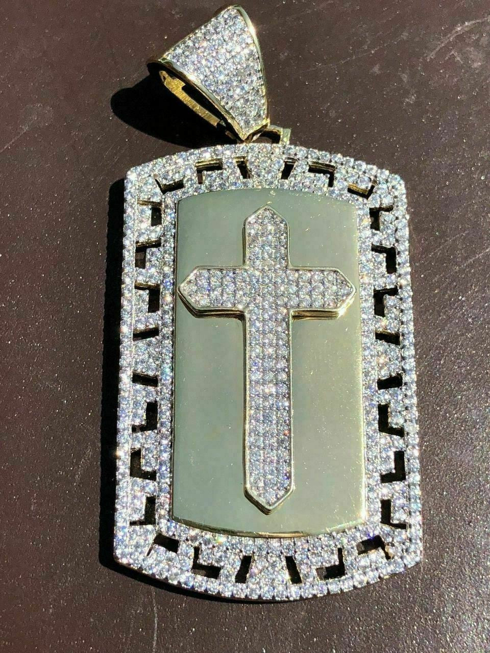 HarlemBling Mens Solid 925 Silver Real Icy 1ct Diamond Dog Tag Cross Pendant 14k Gold 2