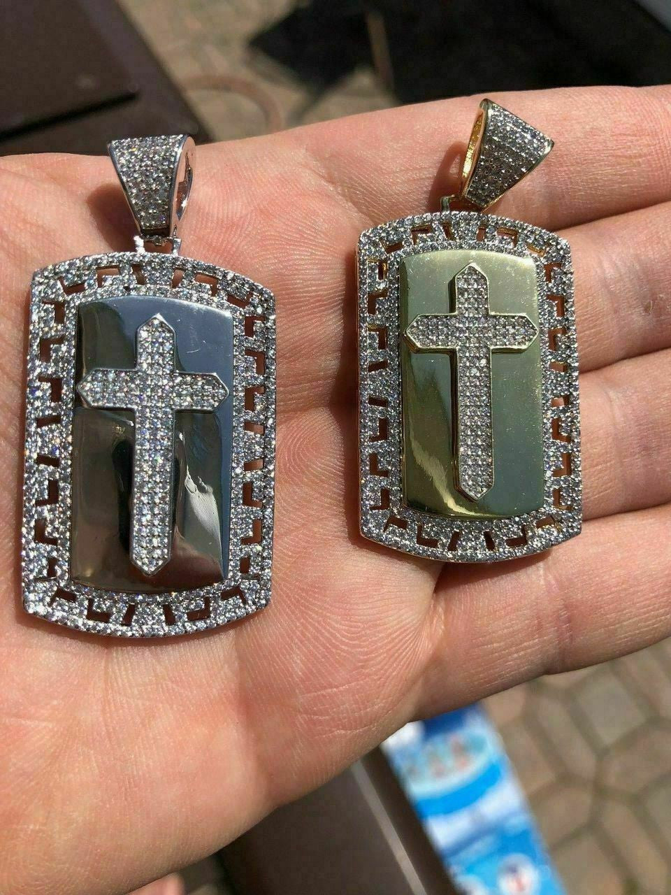 HarlemBling Mens Solid 925 Silver Real Icy 1ct Diamond Dog Tag Cross Pendant 14k Gold 2