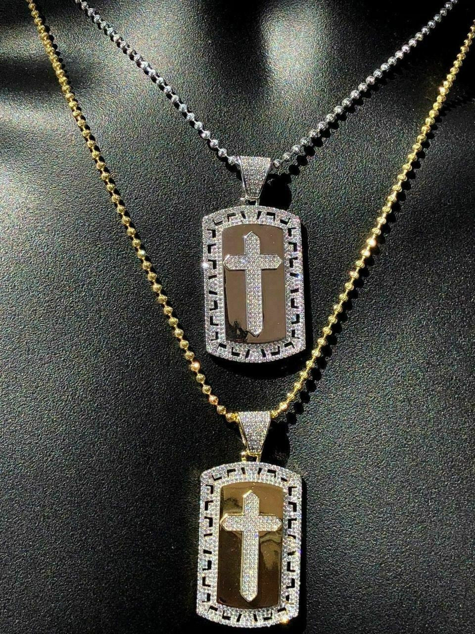 HarlemBling Mens Solid 925 Silver Real Icy 1ct Diamond Dog Tag Cross Pendant 14k Gold 2