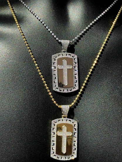 HarlemBling Mens Solid 925 Silver Real Icy 1ct Diamond Dog Tag Cross Pendant 14k Gold 2