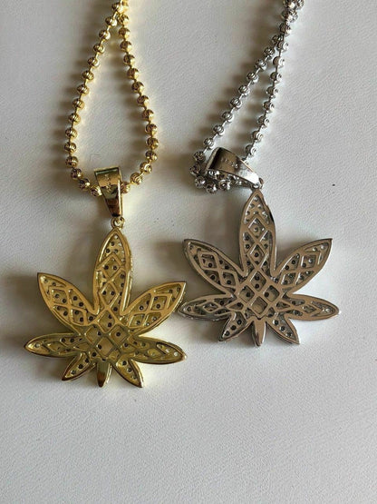 HarlemBling Mens Solid 925 Silver Real Icy Marijuana Weed Pot Leaf Diamond Pendant 14k Gold
