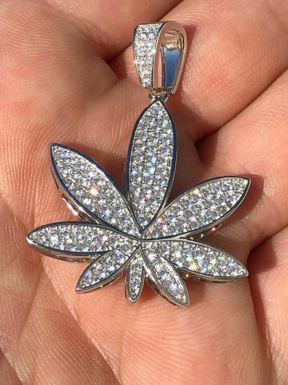 HarlemBling Mens Solid 925 Silver Real Icy Marijuana Weed Pot Leaf Diamond Pendant 14k Gold