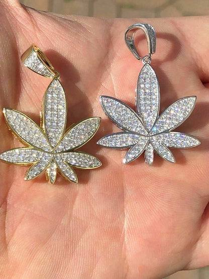 HarlemBling Mens Solid 925 Silver Real Icy Marijuana Weed Pot Leaf Diamond Pendant 14k Gold