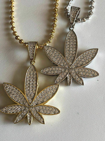 HarlemBling Mens Solid 925 Silver Real Icy Marijuana Weed Pot Leaf Diamond Pendant 14k Gold