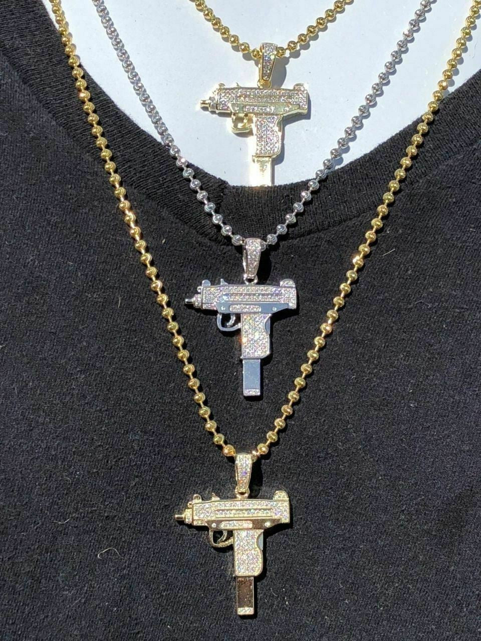 HarlemBling Mens Solid 925 Silver Uzi Gun Diamond Piece Icy Hip Hop Pendant W Chain Pistol