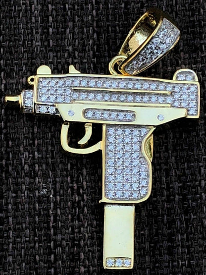 HarlemBling Mens Solid 925 Silver Uzi Gun Diamond Piece Icy Hip Hop Pendant W Chain Pistol