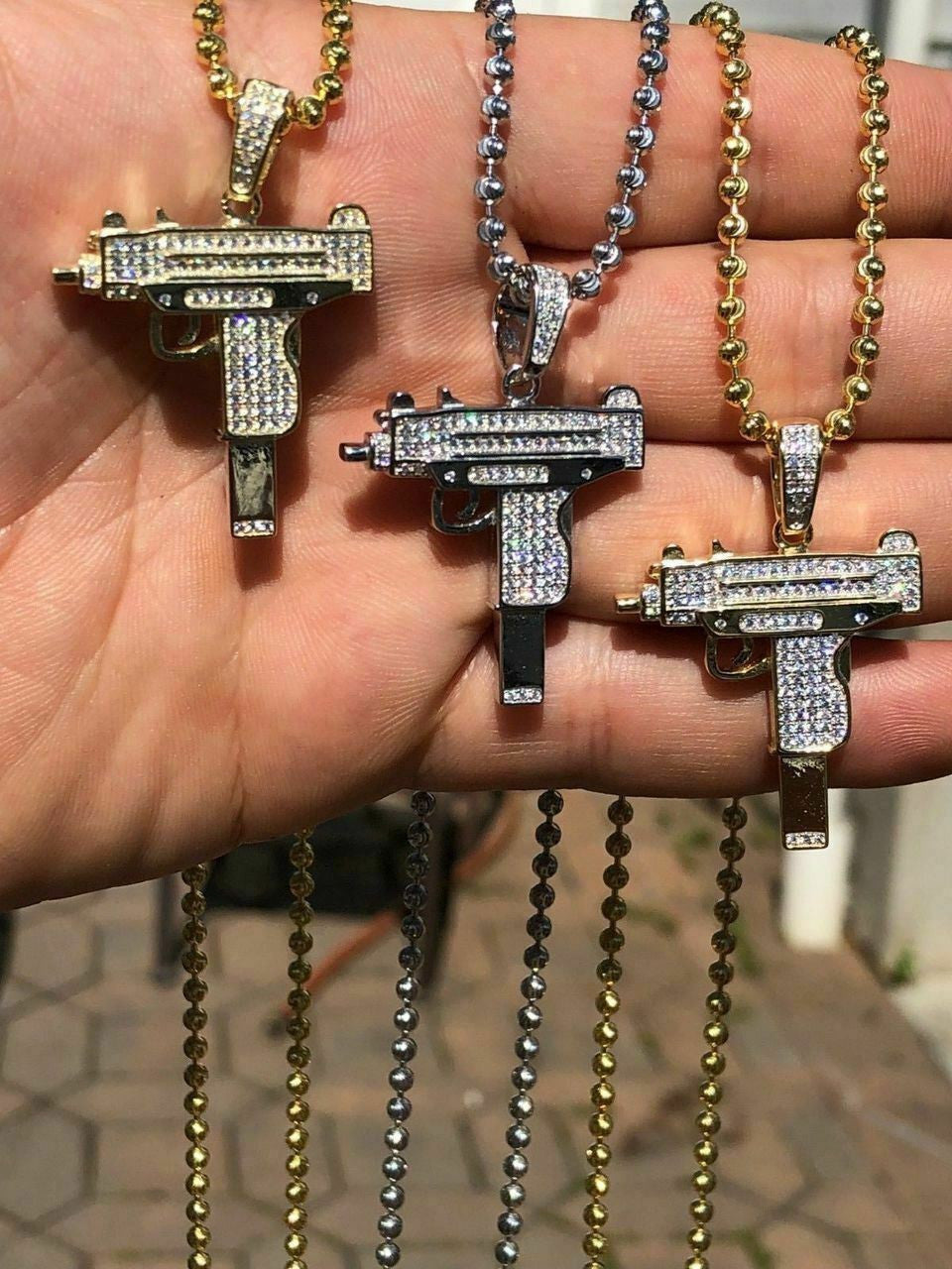 HarlemBling Mens Solid 925 Silver Uzi Gun Diamond Piece Icy Hip Hop Pendant W Chain Pistol