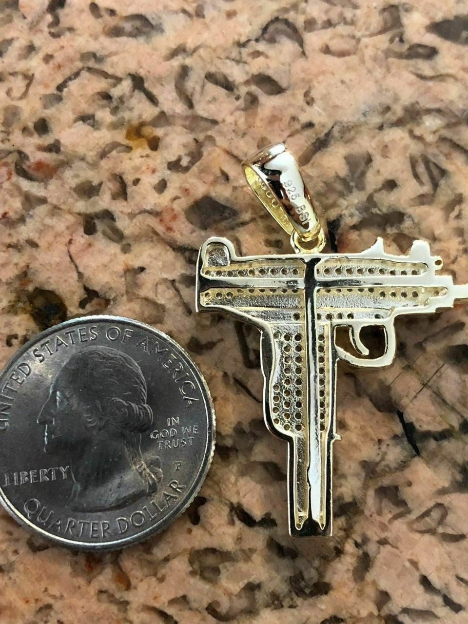 HarlemBling Mens Solid 925 Silver Uzi Gun Diamond Piece Icy Hip Hop Pendant W Chain Pistol