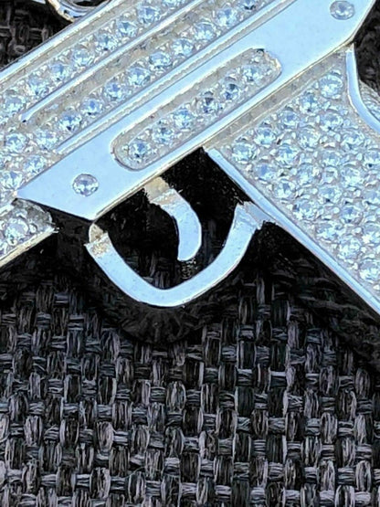 HarlemBling Mens Solid 925 Silver Uzi Gun Diamond Piece Icy Hip Hop Pendant W Chain Pistol