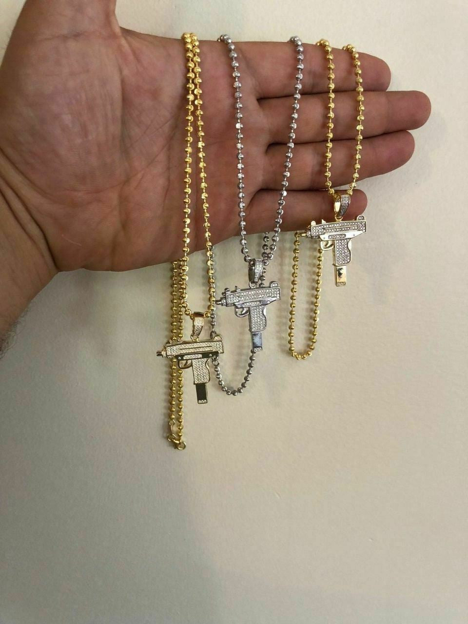 HarlemBling Mens Solid 925 Silver Uzi Gun Diamond Piece Icy Hip Hop Pendant W Chain Pistol