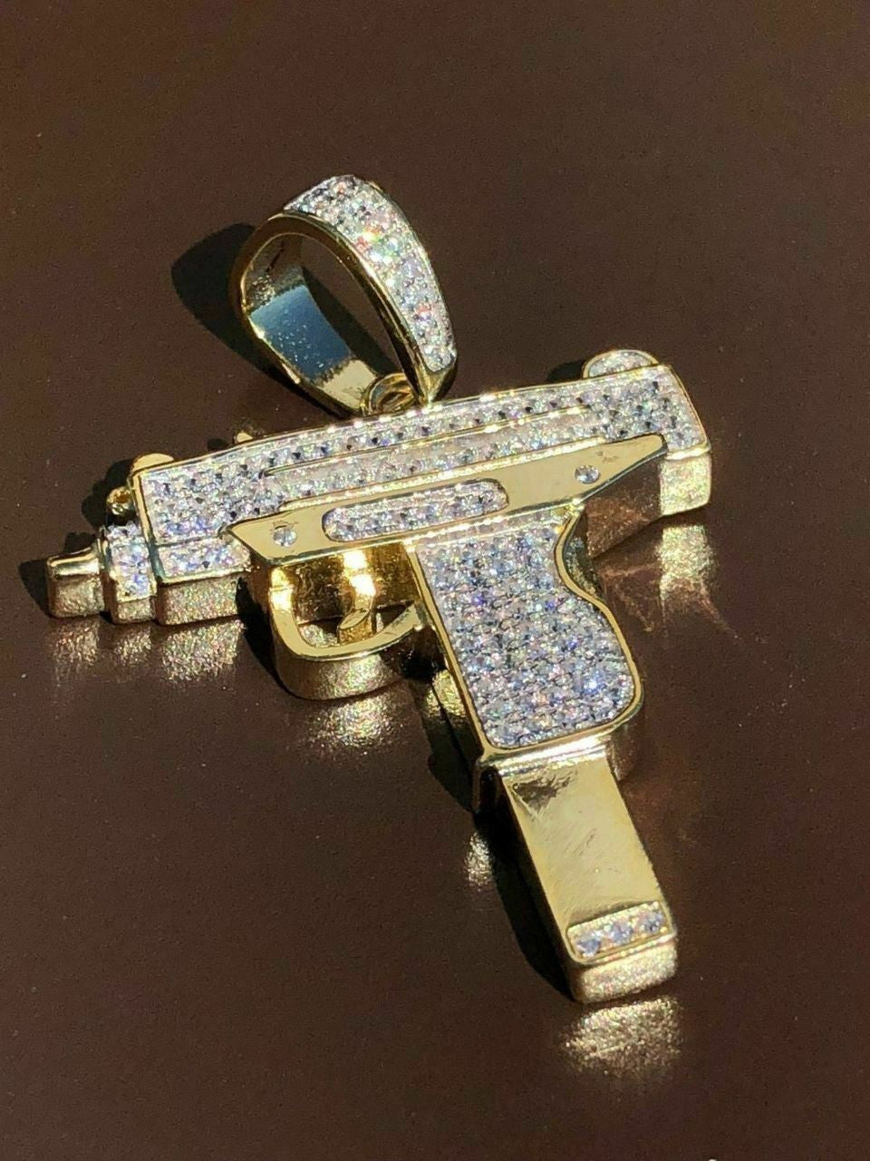 HarlemBling Mens Solid 925 Silver Uzi Gun Diamond Piece Icy Hip Hop Pendant W Chain Pistol