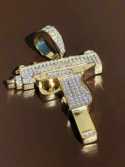 HarlemBling Mens Solid 925 Silver Uzi Gun Diamond Piece Icy Hip Hop Pendant W Chain Pistol