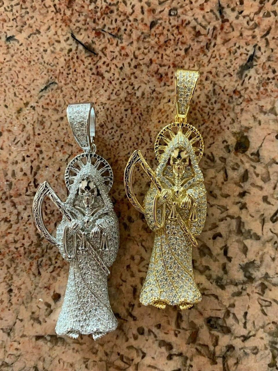 HarlemBling Mens Solid 925 Sterling Silver Fully Iced Santa Muerte Grim Reaper Death Pendant