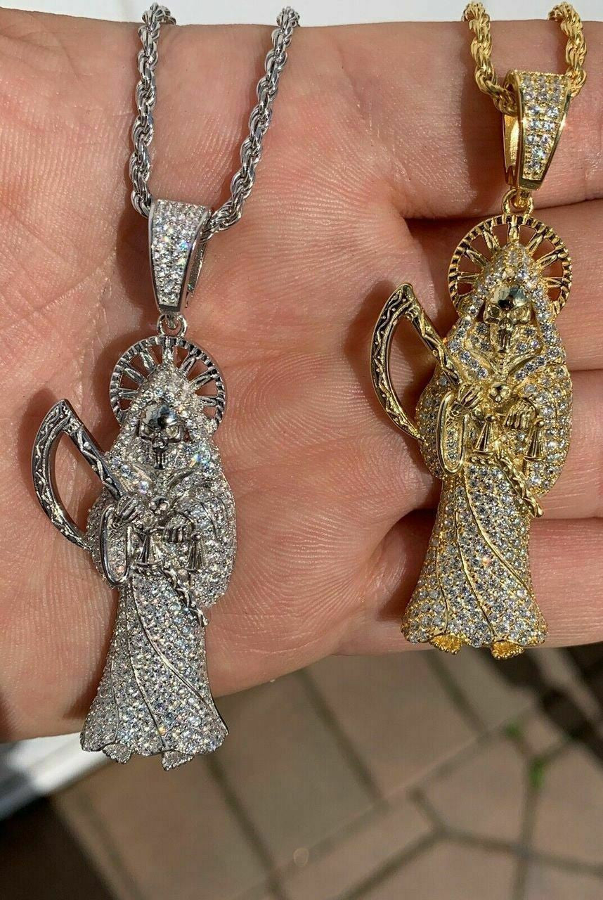 HarlemBling Mens Solid 925 Sterling Silver Fully Iced Santa Muerte Grim Reaper Death Pendant