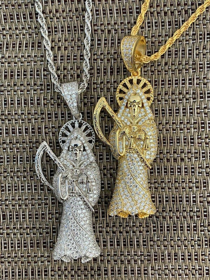 HarlemBling Mens Solid 925 Sterling Silver Fully Iced Santa Muerte Grim Reaper Death Pendant
