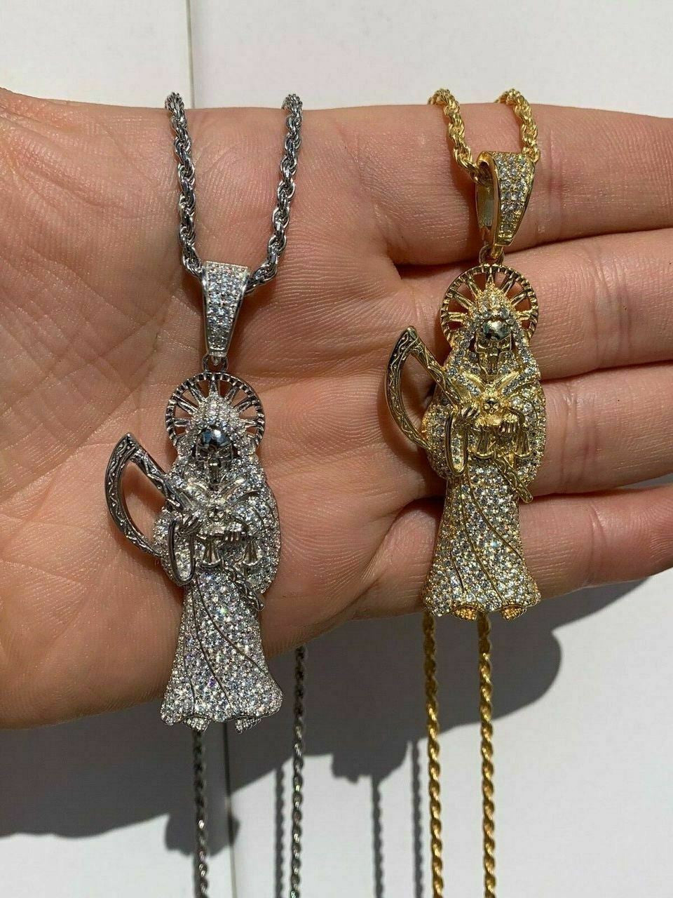 HarlemBling Mens Solid 925 Sterling Silver Fully Iced Santa Muerte Grim Reaper Death Pendant