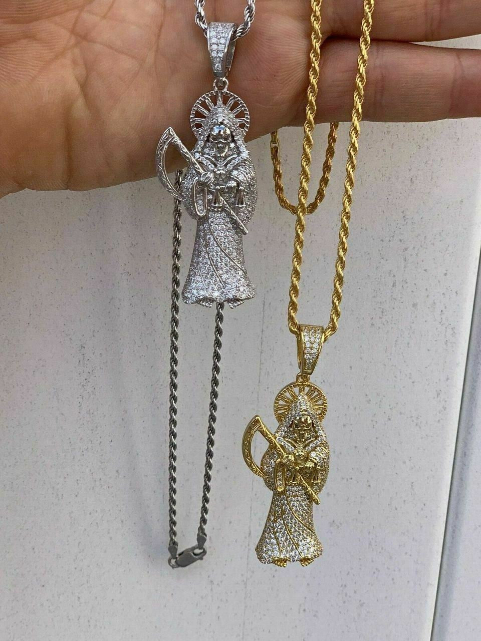 HarlemBling Mens Solid 925 Sterling Silver Fully Iced Santa Muerte Grim Reaper Death Pendant