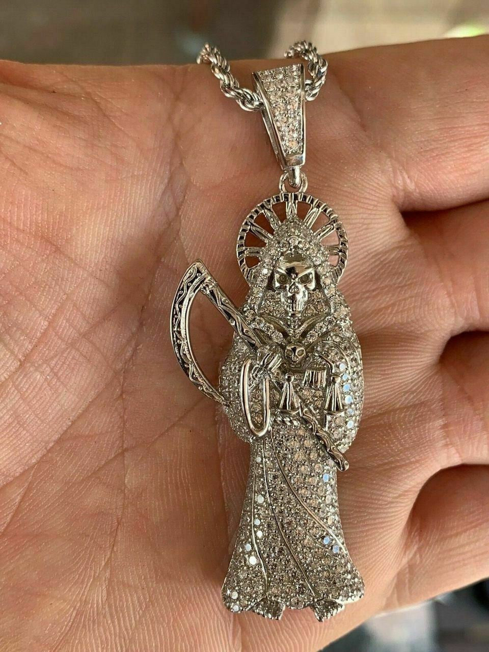 HarlemBling Mens Solid 925 Sterling Silver Fully Iced Santa Muerte Grim Reaper Death Pendant