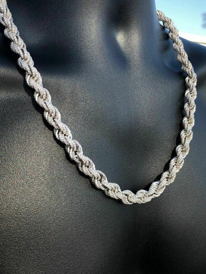 HarlemBling Mens Solid 925 Sterling Silver Mens Rope Chain Thick 9mm ICY Diamond Choker