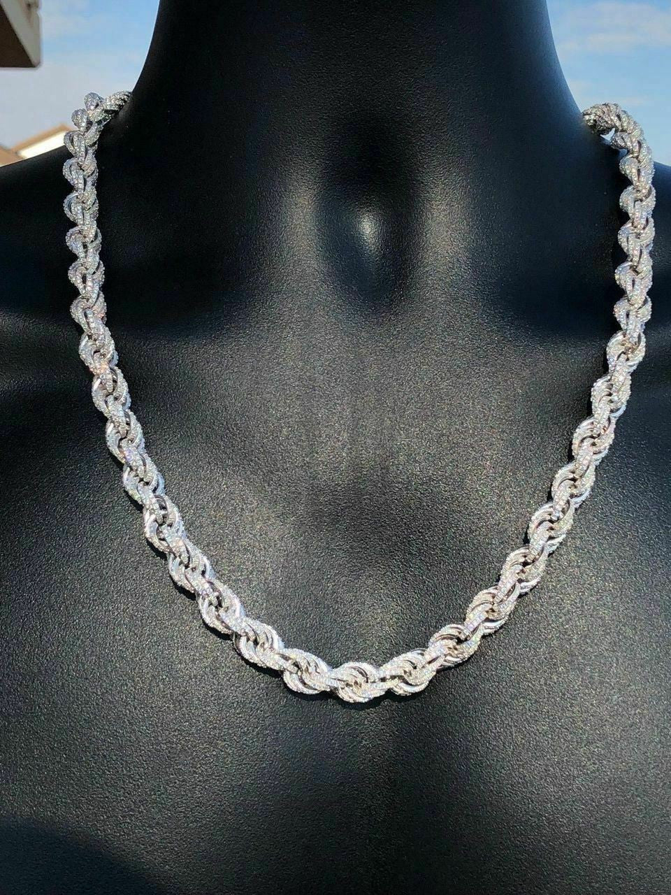HarlemBling Mens Solid 925 Sterling Silver Mens Rope Chain Thick 9mm ICY Diamond Choker