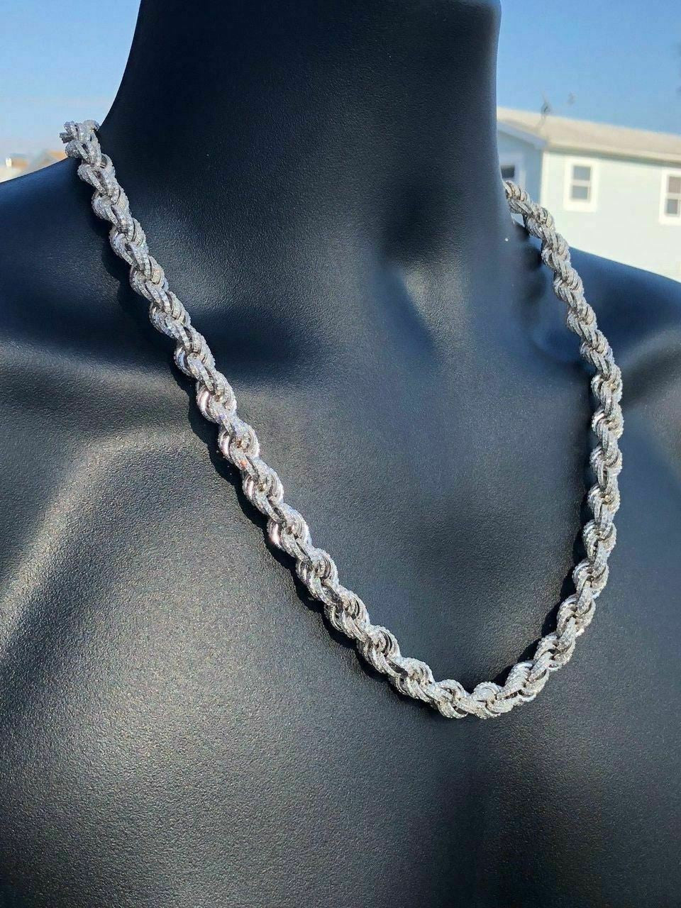 HarlemBling Mens Solid 925 Sterling Silver Mens Rope Chain Thick 9mm ICY Diamond Choker
