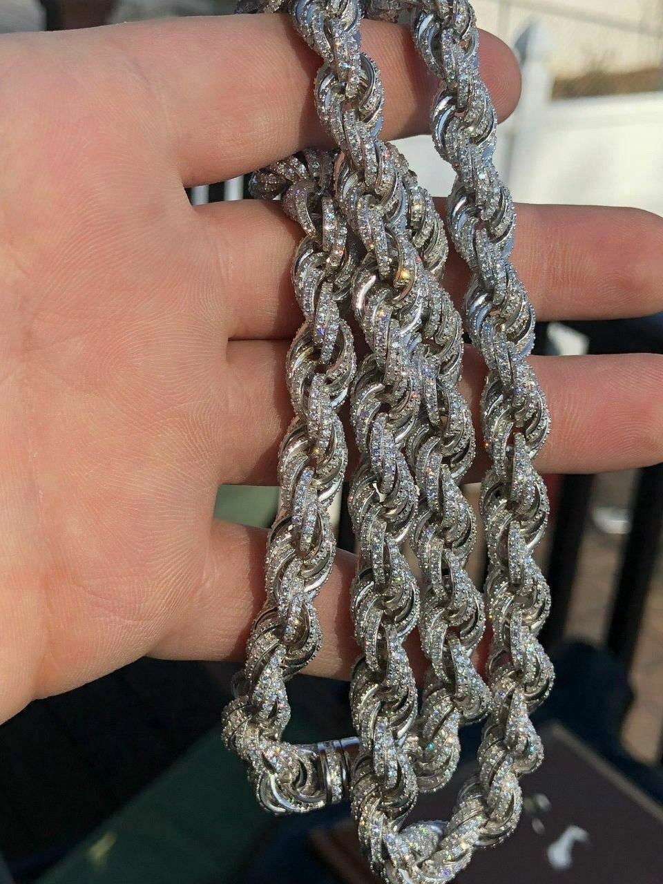 HarlemBling Mens Solid 925 Sterling Silver Mens Rope Chain Thick 9mm ICY Diamond Choker