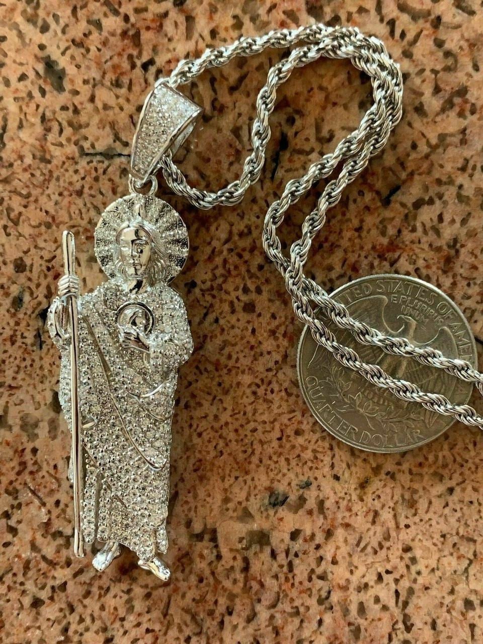 HarlemBling Mens Solid 925 Sterling Silver St Jude San Judas Tadeo Iced Pendant Real Icy