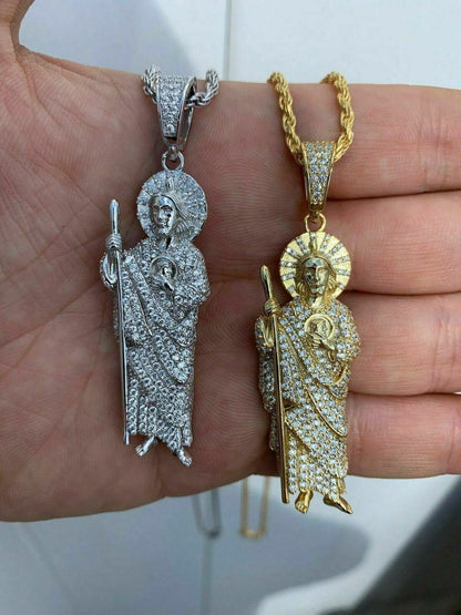 HarlemBling Mens Solid 925 Sterling Silver St Jude San Judas Tadeo Iced Pendant Real Icy