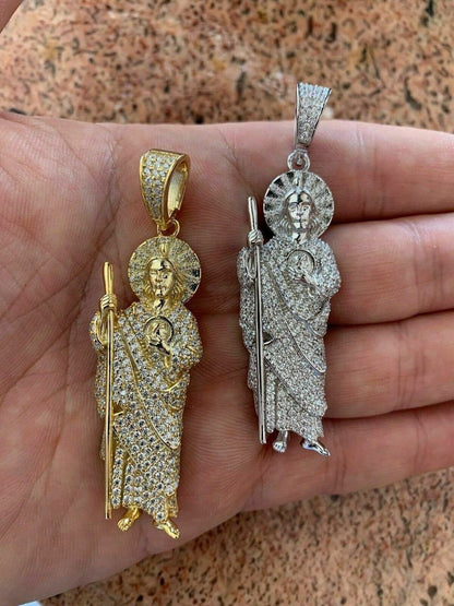 HarlemBling Mens Solid 925 Sterling Silver St Jude San Judas Tadeo Iced Pendant Real Icy