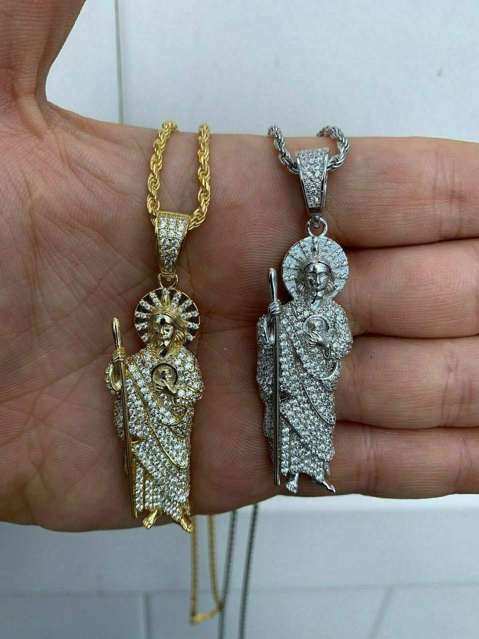 HarlemBling Mens Solid 925 Sterling Silver St Jude San Judas Tadeo Iced Pendant Real Icy