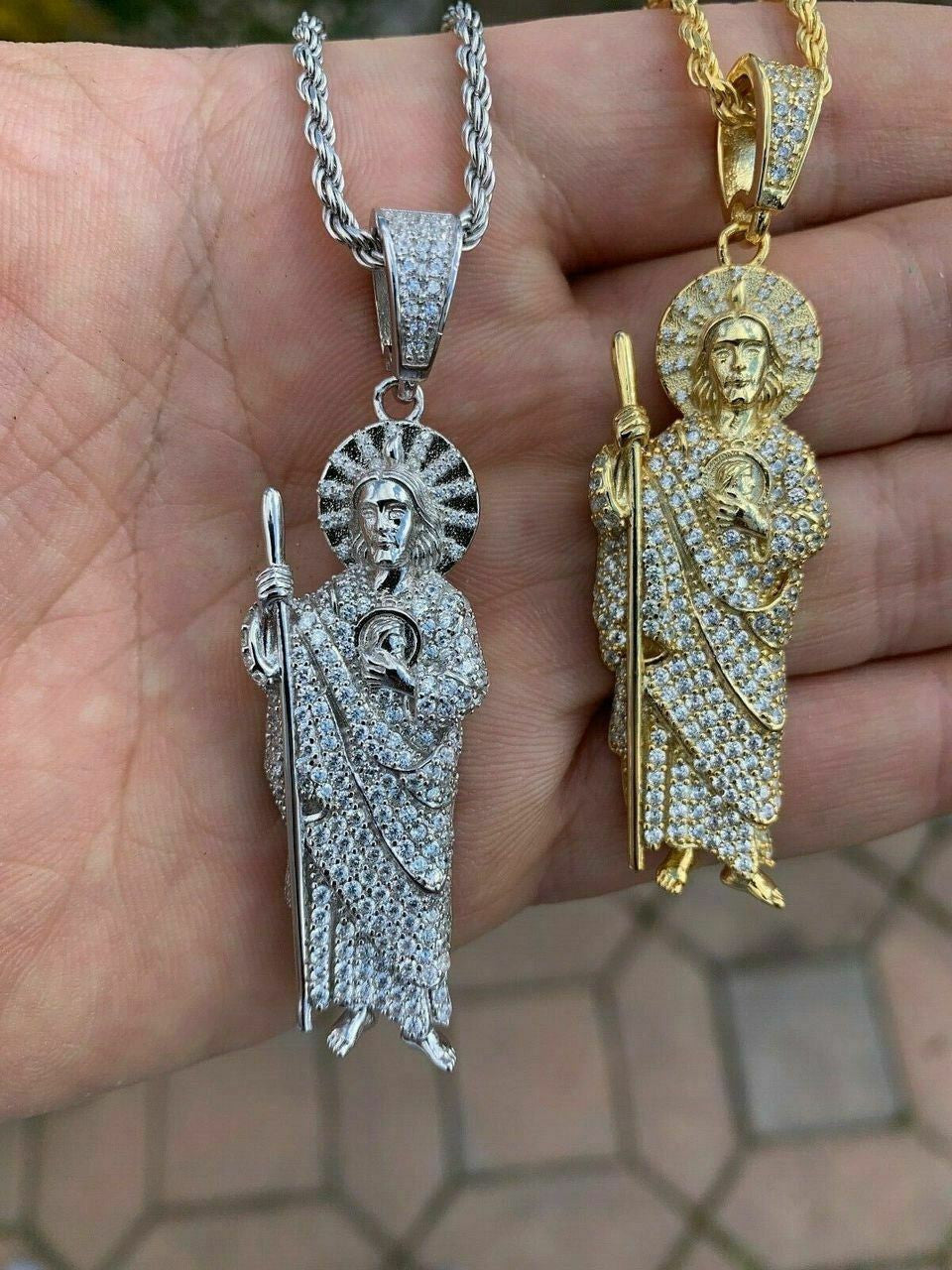 HarlemBling Mens Solid 925 Sterling Silver St Jude San Judas Tadeo Iced Pendant Real Icy