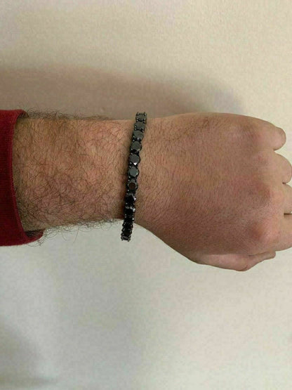 HarlemBling Mens Tennis Bracelet 925 Silver 7mm Man Made Black Diamond Tennis Bracelet 8.5