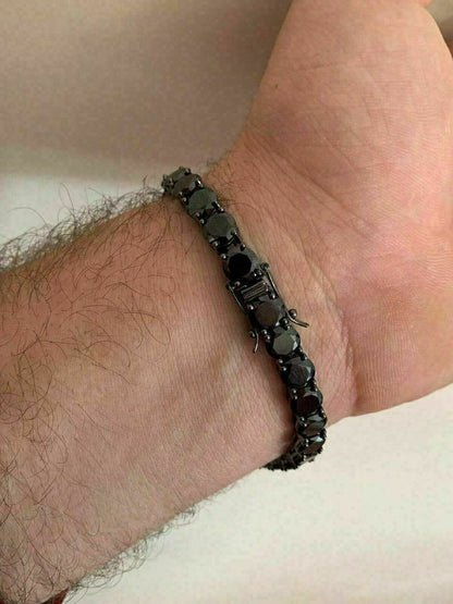 HarlemBling Mens Tennis Bracelet 925 Silver 7mm Man Made Black Diamond Tennis Bracelet 8.5