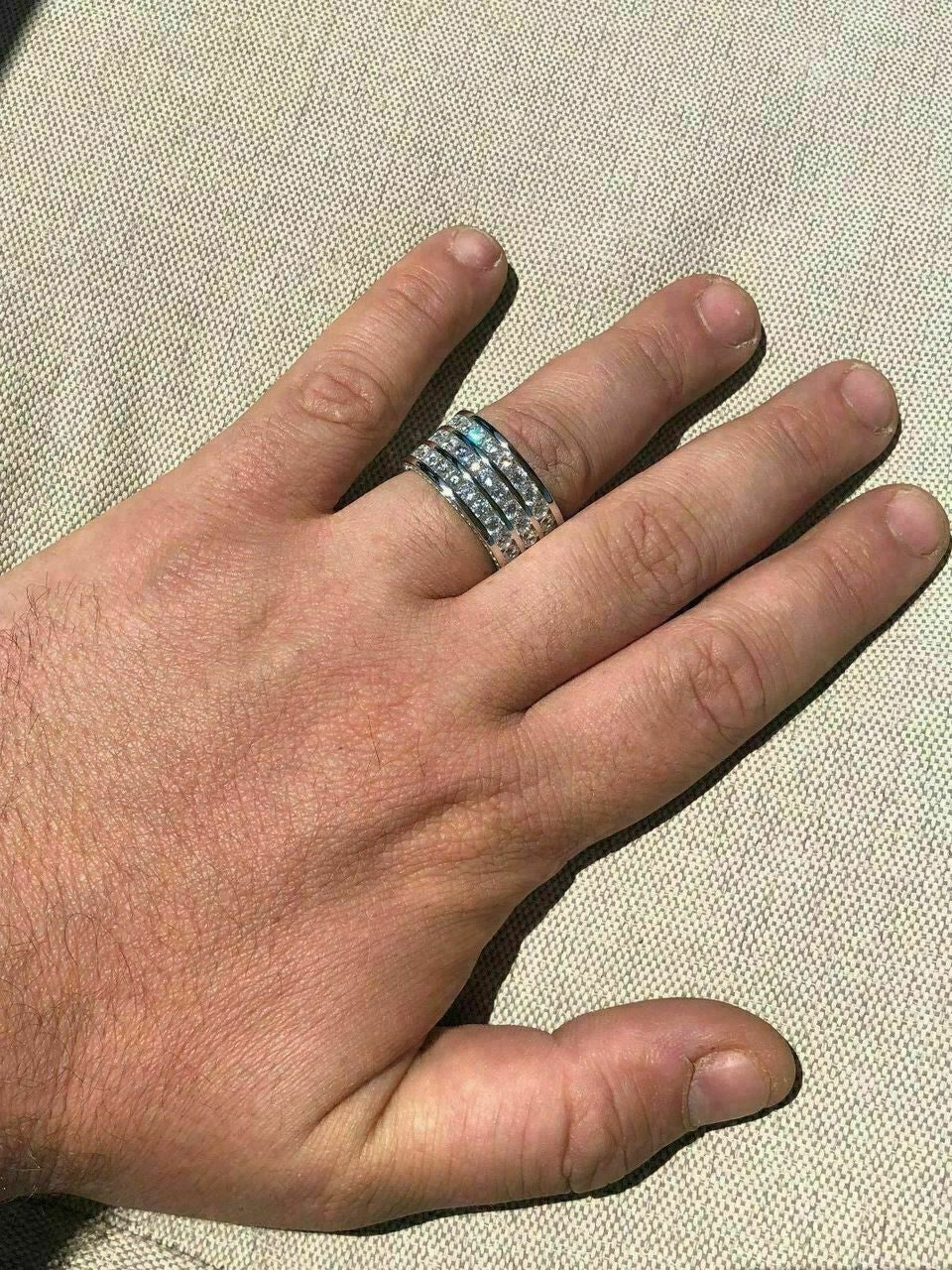 HarlemBling Mens Tennis Ring 14k Gold Over Solid 925 Silver Diamond Pinky Wedding Band REAL