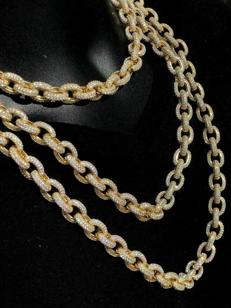 HarlemBling Mens Thick Heavy Rolo Chain 14k Gold Over Solid 925 Sterling Silver Diamonds ICY
