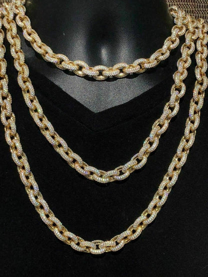 HarlemBling Mens Thick Heavy Rolo Chain 14k Gold Over Solid 925 Sterling Silver Diamonds ICY