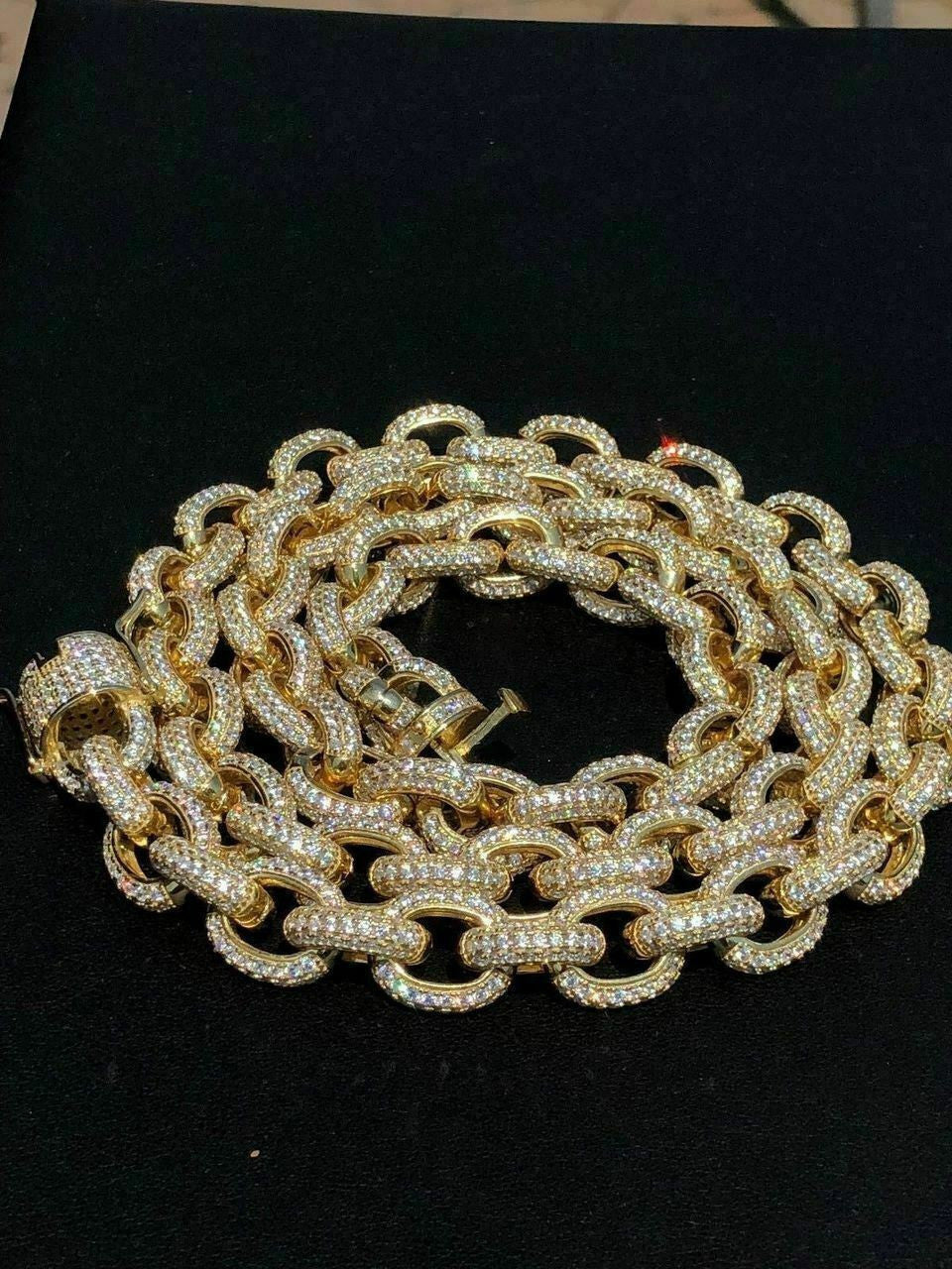 HarlemBling Mens Thick Heavy Rolo Chain 14k Gold Over Solid 925 Sterling Silver Diamonds ICY