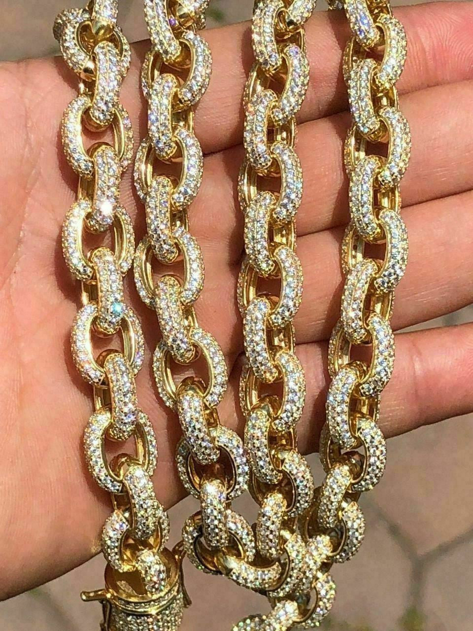 HarlemBling Mens Thick Heavy Rolo Chain 14k Gold Over Solid 925 Sterling Silver Diamonds ICY