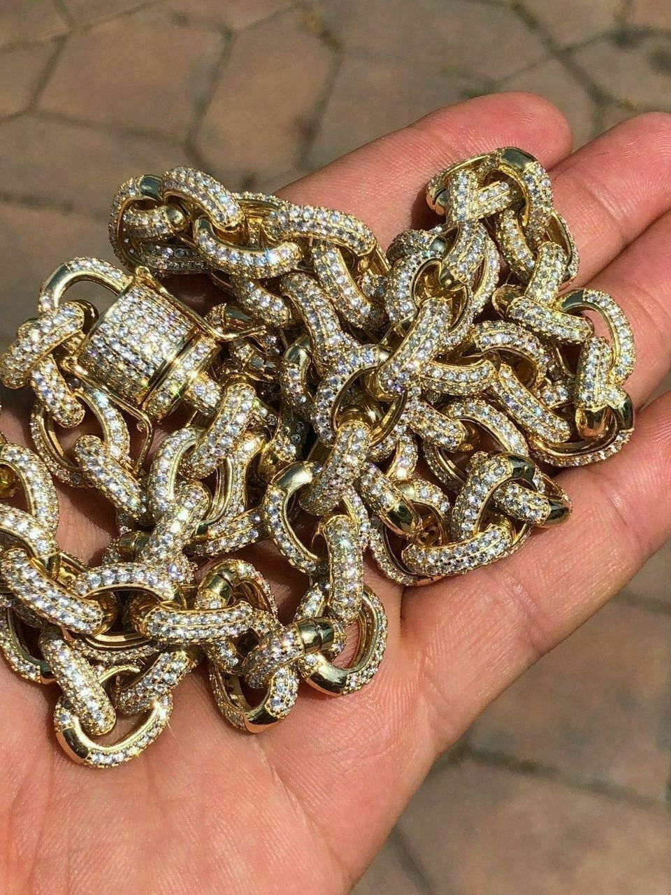 HarlemBling Mens Thick Heavy Rolo Chain 14k Gold Over Solid 925 Sterling Silver Diamonds ICY