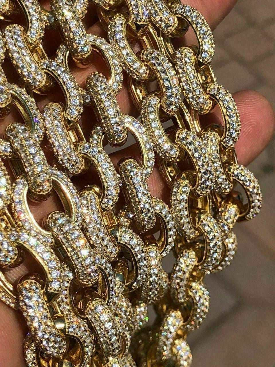 HarlemBling Mens Thick Heavy Rolo Chain 14k Gold Over Solid 925 Sterling Silver Diamonds ICY