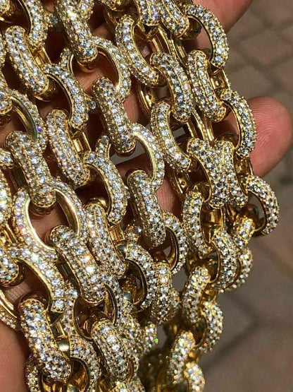 HarlemBling Mens Thick Heavy Rolo Chain 14k Gold Over Solid 925 Sterling Silver Diamonds ICY