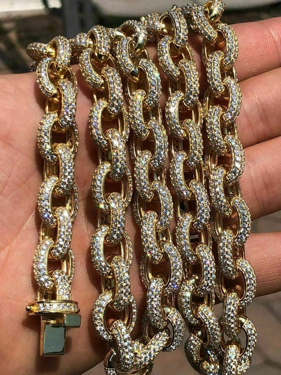 HarlemBling Mens Thick Heavy Rolo Chain 14k Gold Over Solid 925 Sterling Silver Diamonds ICY