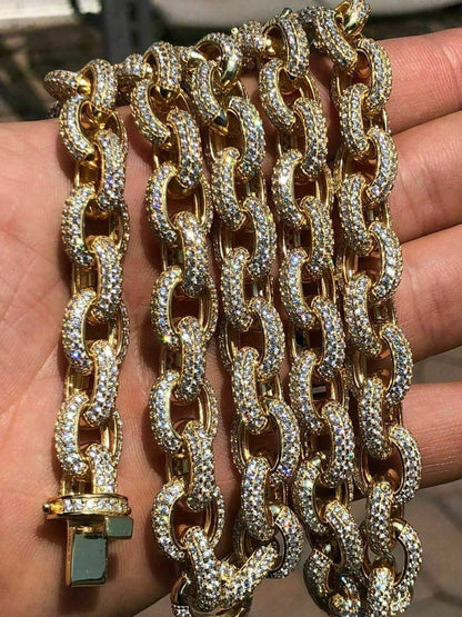 HarlemBling Mens Thick Heavy Rolo Chain 14k Gold Over Solid 925 Sterling Silver Diamonds ICY