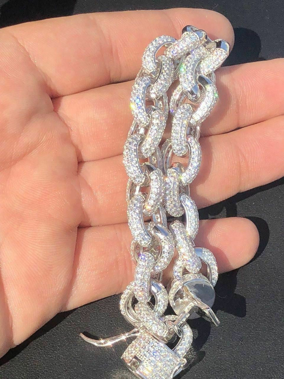 HarlemBling Mens Thick Hip Hop Rapper Rolo Bracelet Solid 925 Silver Diamonds ICY Fully Iced