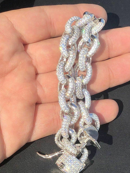 HarlemBling Mens Thick Hip Hop Rapper Rolo Bracelet Solid 925 Silver Diamonds ICY Fully Iced