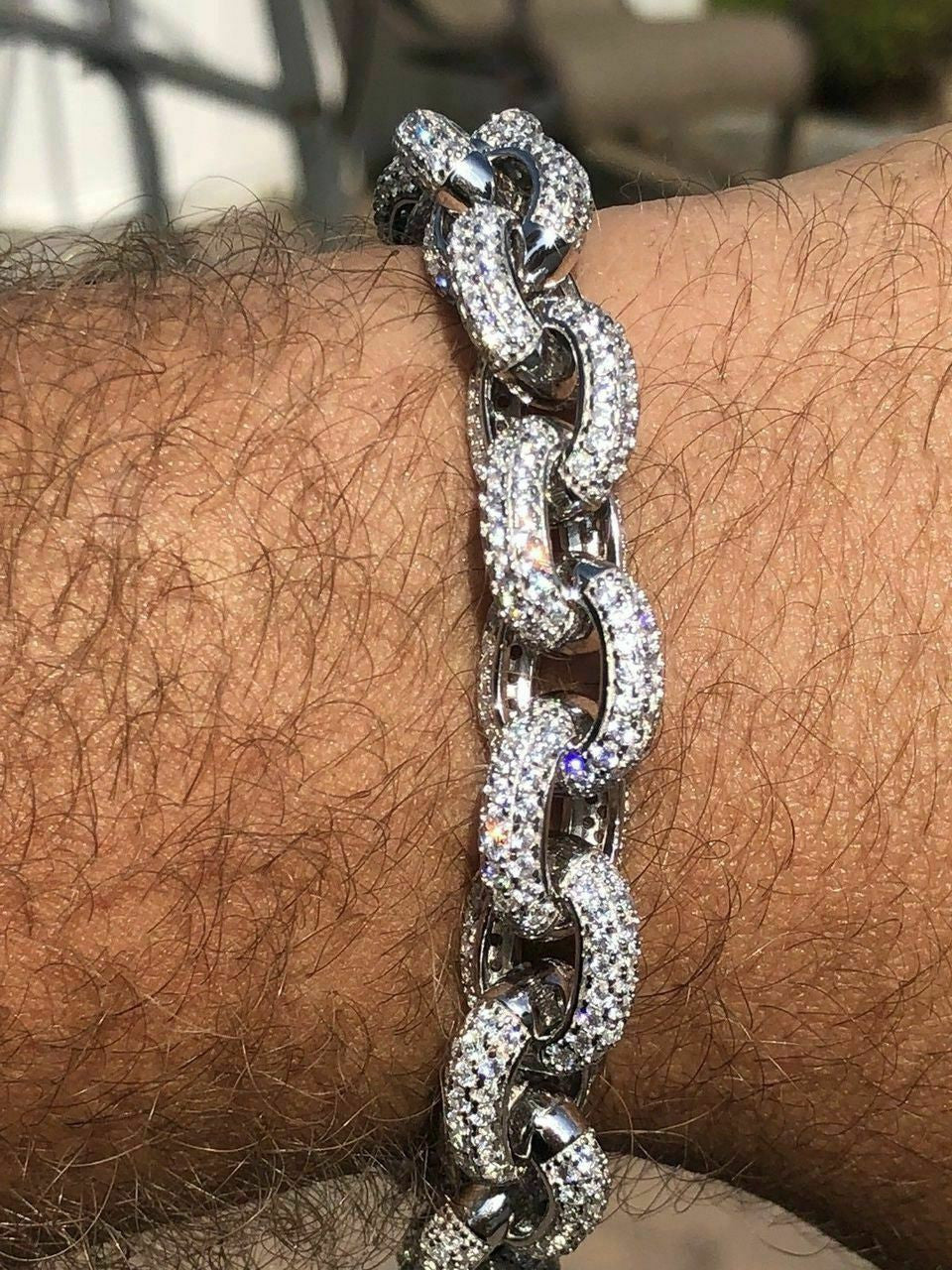 HarlemBling Mens Thick Hip Hop Rapper Rolo Bracelet Solid 925 Silver Diamonds ICY Fully Iced