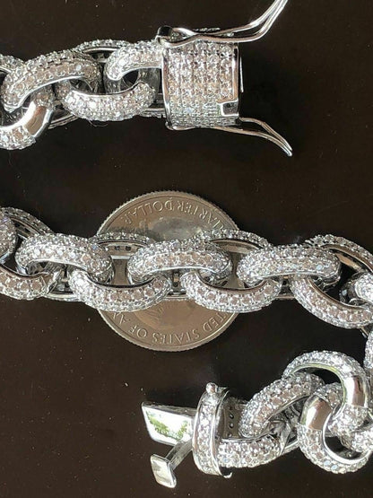 HarlemBling Mens Thick Hip Hop Rapper Rolo Bracelet Solid 925 Silver Diamonds ICY Fully Iced