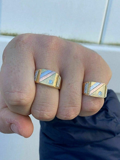 HarlemBling Mens Tri-Color 14k Yellow, Rose Gold, and 925 Silver Real Icy Ring Size 7-13 Pinky