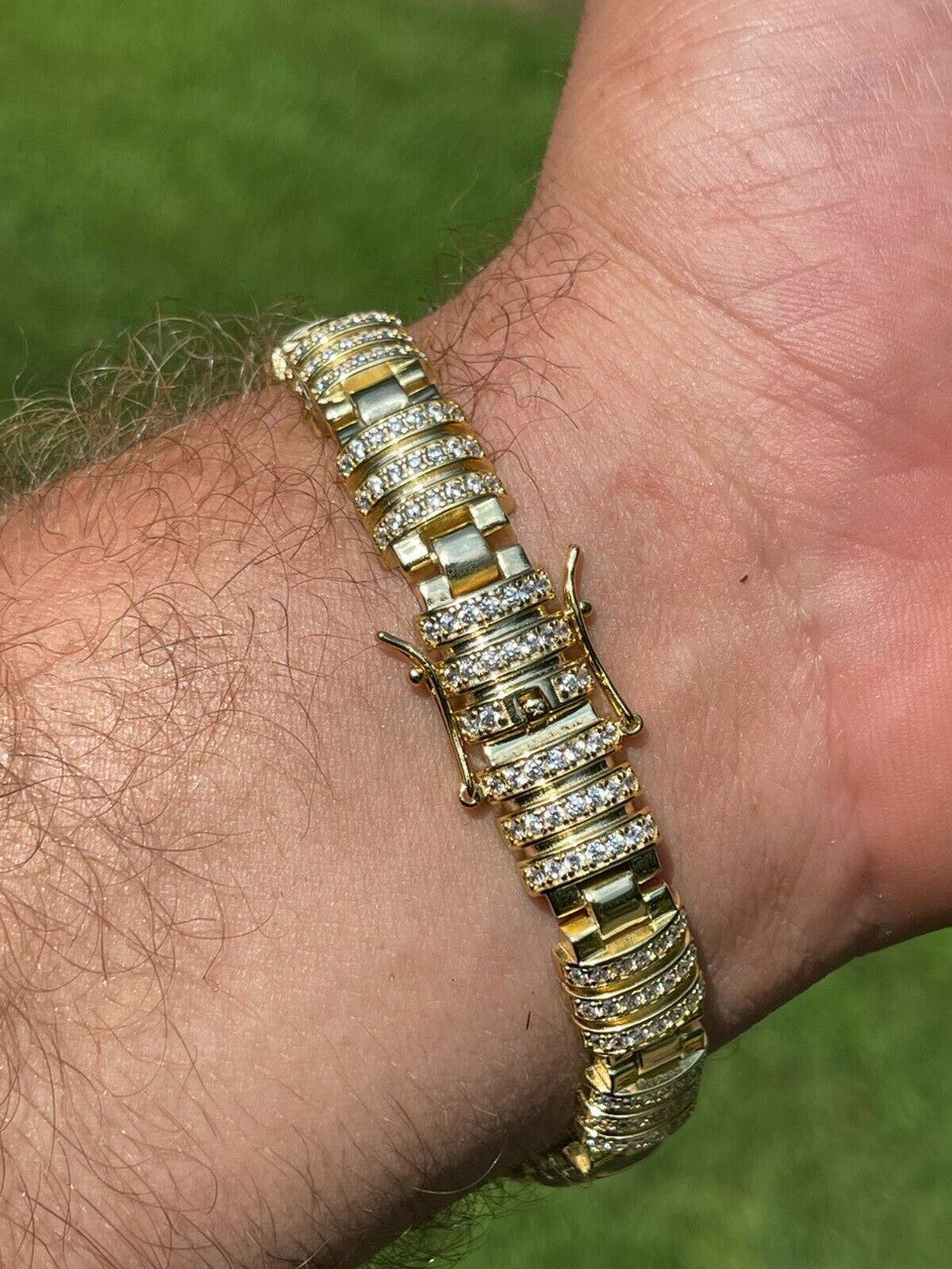 HarlemBling Mens Unique Custom Bracelet Real 14k Gold Vermeil 925 Silver Iced Diamond Out